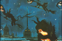 painting of black cats flying on broomsticks over a city at night.