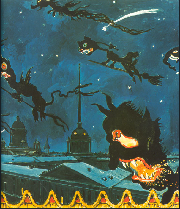 painting of black cats flying on broomsticks over a city at night.